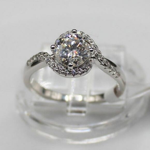 Moissanite Twist Band Engagement Ring Crystal Waves Halo Silver 7 NWT - Picture 3 of 10